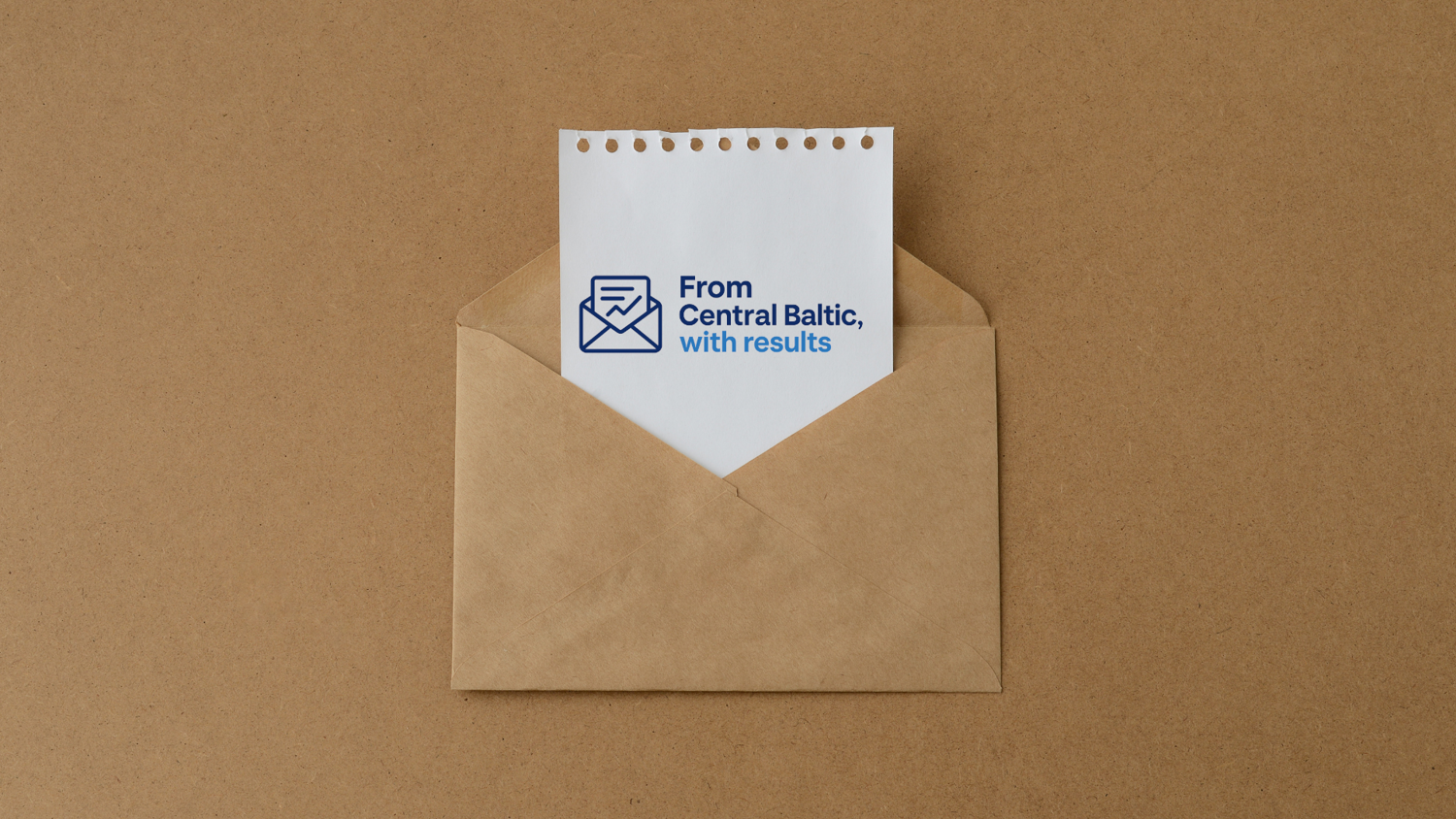 A brown envelope on a brown surface contains a white paper with a blue logo of an envelope and text that reads, "From Central Baltic, with results.