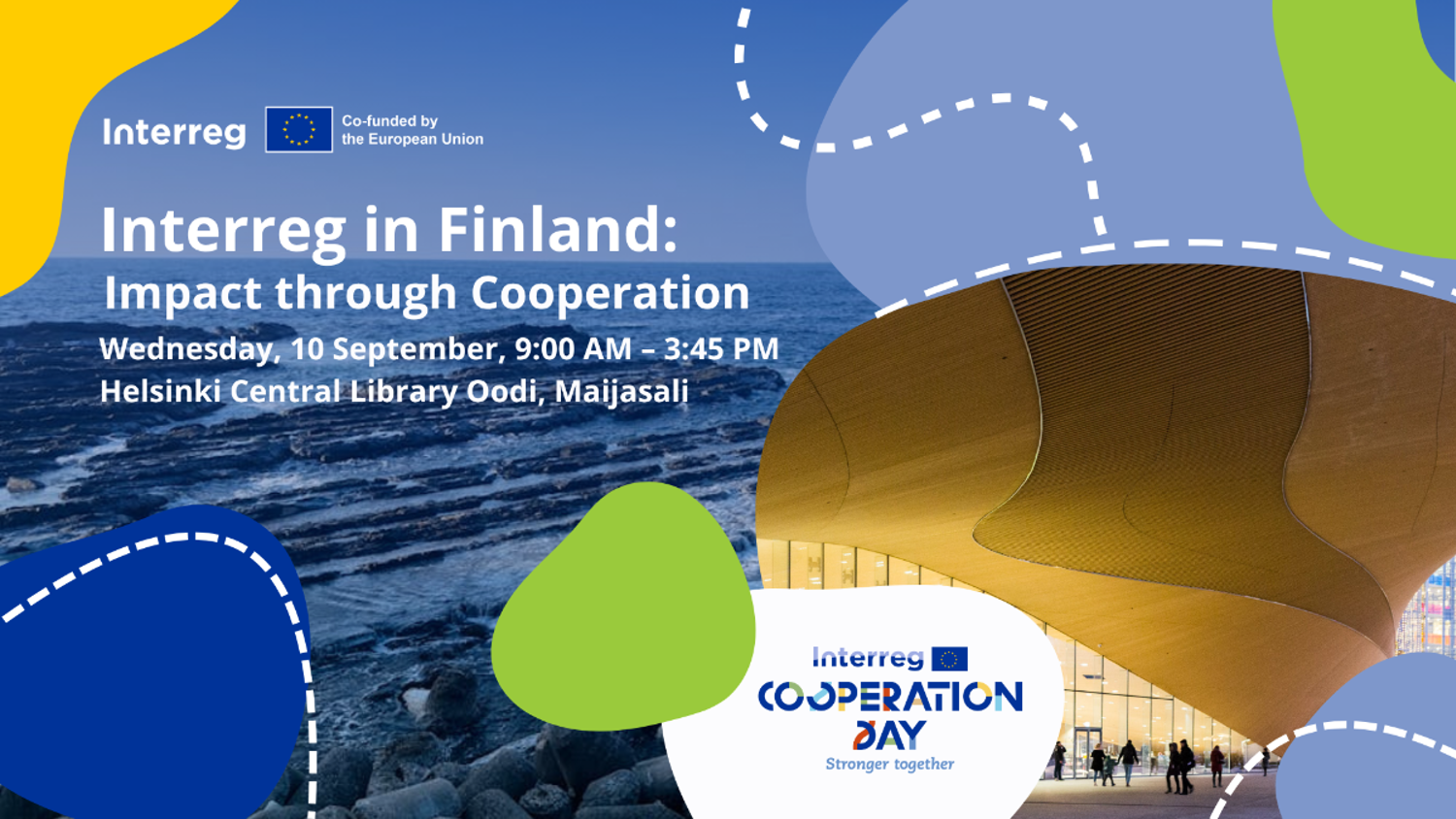 Event banner with abstract blue, green, and yellow shapes, sea waves, and a curved wooden building. Text reads: "Interreg in Finland: Impact through Cooperation, 10 September, Helsinki Central Library Oodi, Maijasali.
