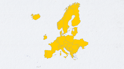 Map of Europe with countries filled in yellow against a light background. Iceland is also included to the northwest of the main continent.