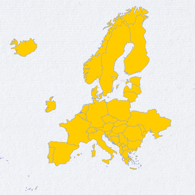 Map of Europe with countries filled in yellow against a light background. Iceland is also included to the northwest of the main continent.