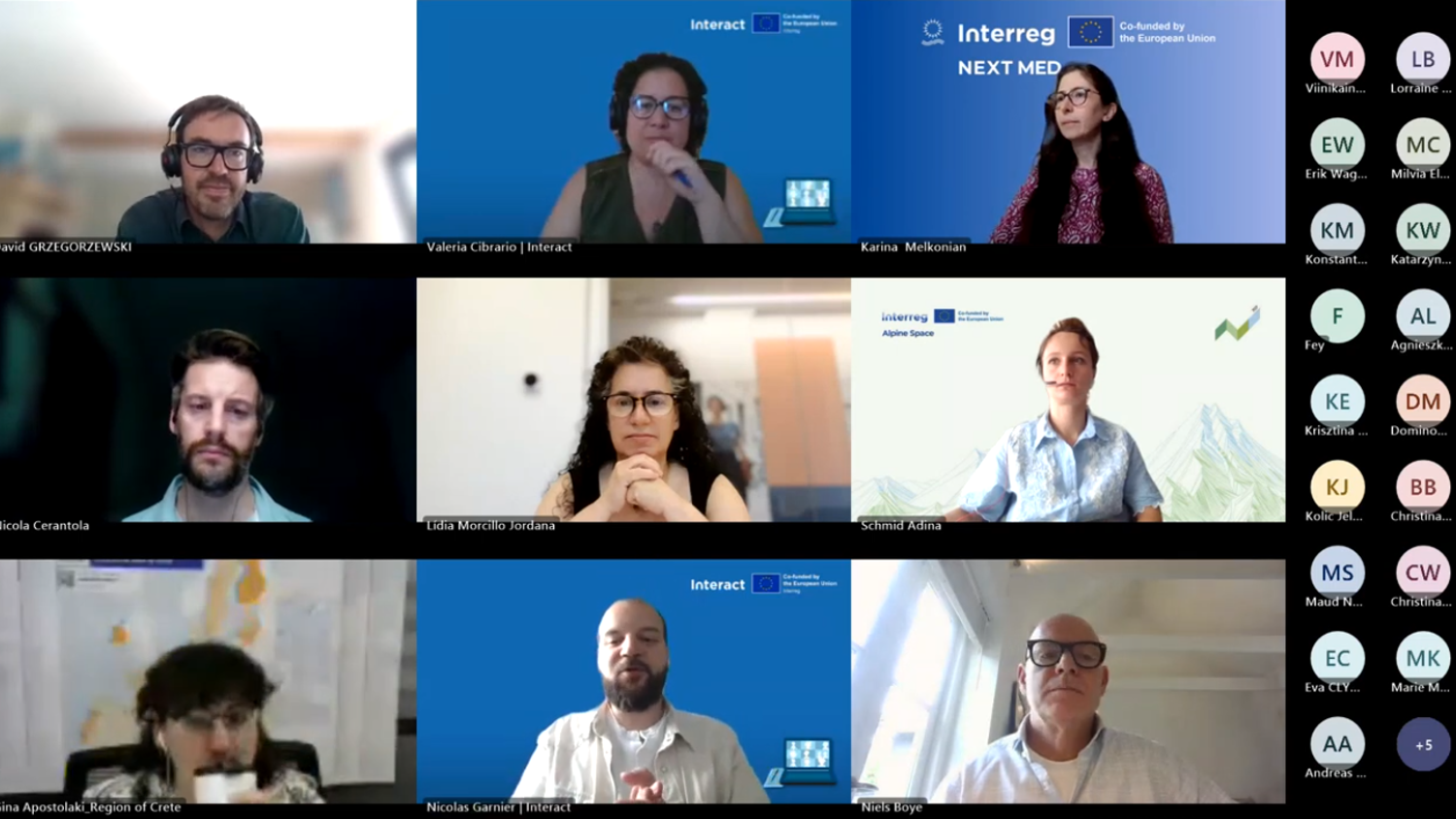 A screenshot of a virtual meeting with nine participants visible on camera, each in their own video window, and a sidebar showing a list of other attendees with initials. Some backgrounds feature blue banners with project logos.