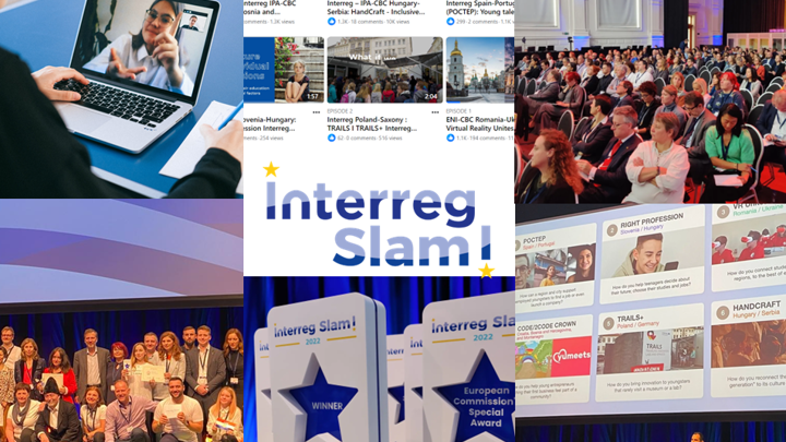 Collage of Interreg Slam event includes a video call on a laptop, audience in a venue, program flyers, participants on stage, and Interreg Slam award trophies. Central is the Interreg Slam logo.