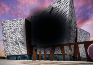 An overlay in front of the Titanic visitor museum, Belfast, simulating what someone who has macular degeneration would see. Photo: Need to Talk project